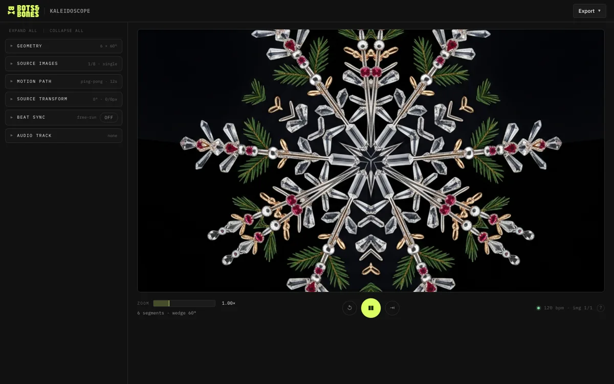 Kaleidoscope generator with a snowflake composition