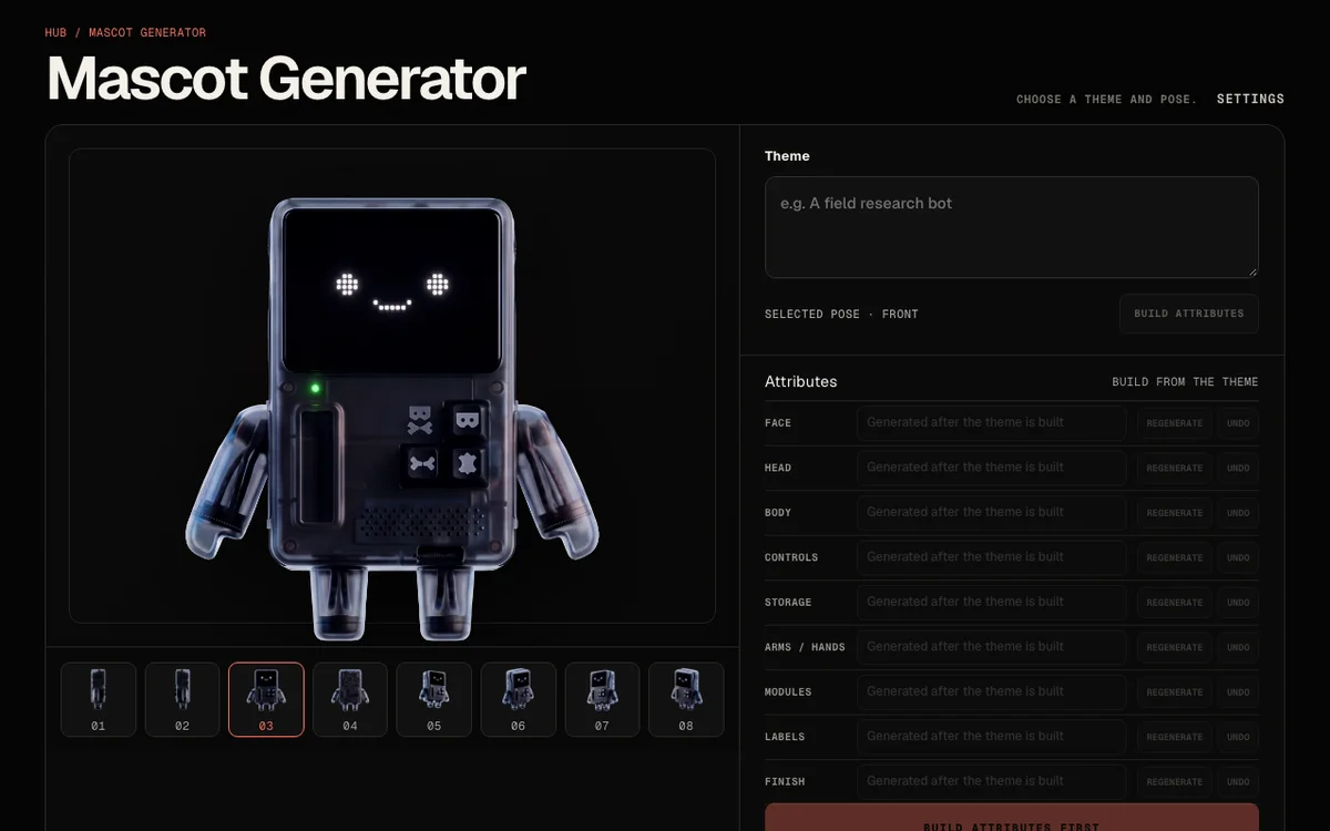 Mascot Generator workspace with pose selection, theme and editable attributes