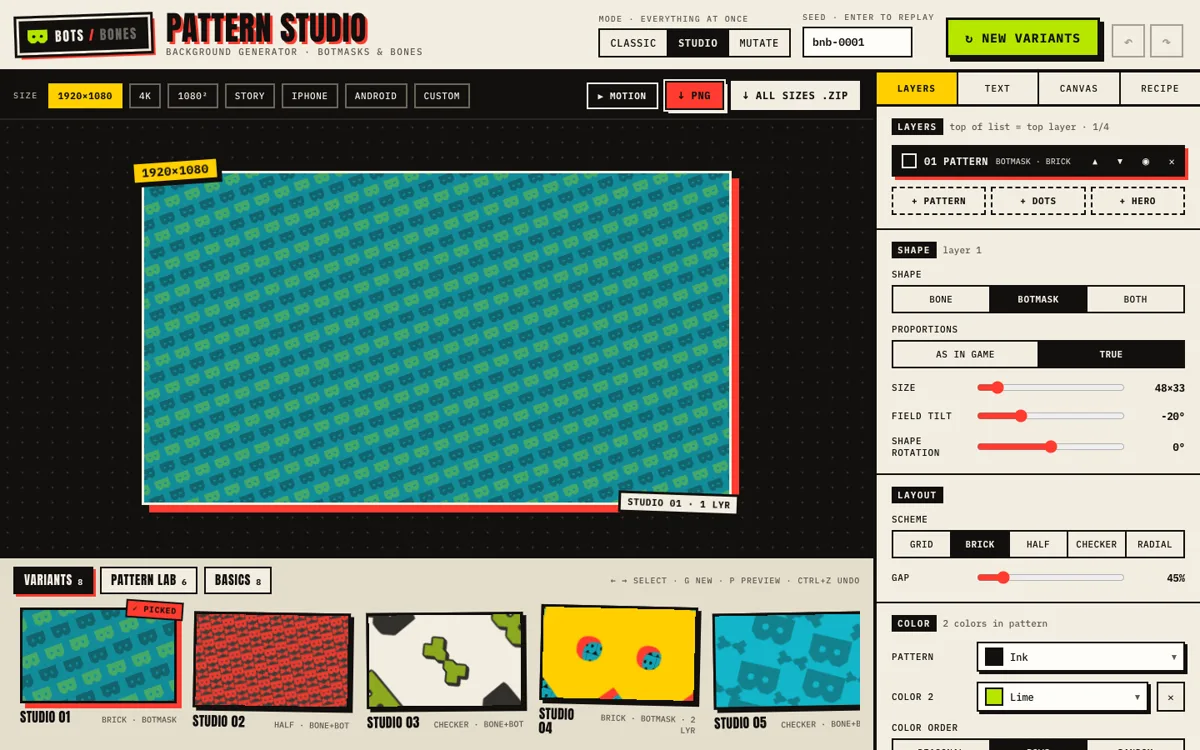 Pattern Studio interface with a generated background