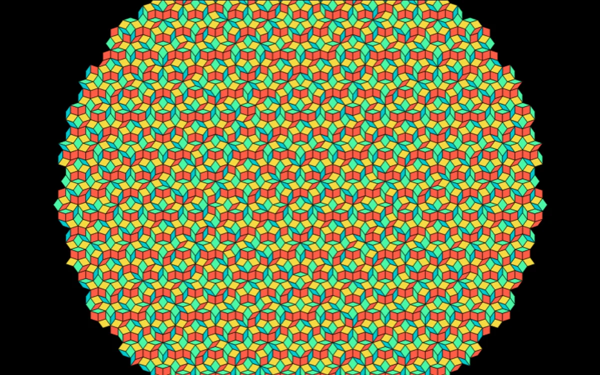 Penrose mosaic in coral, green, cyan and yellow brand colors