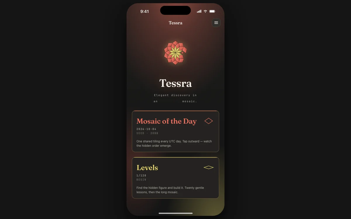 Tessra Lacuna browser app with a mosaic puzzle